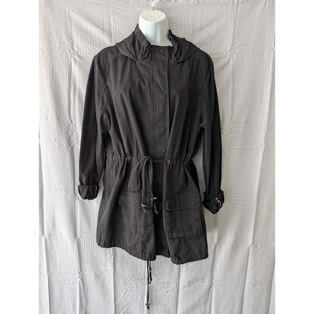 Signature Studio Womens XL Black Utility Jacket Hooded Drawstring Waist Leopard